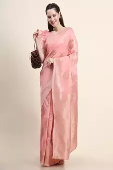 Pink Woven Jacquard Saree With Blouse