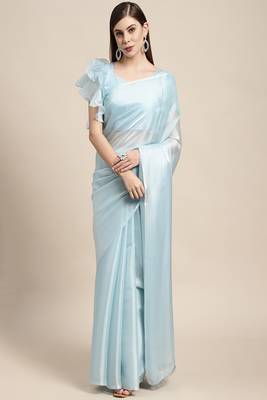 Light blue plain silk saree with blouse 1