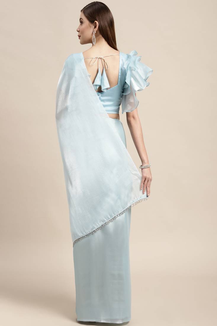 Light blue plain silk saree with blouse