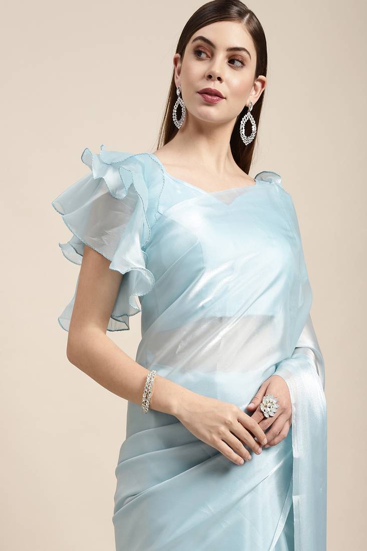 Light blue plain silk saree with blouse