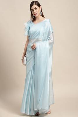 Light blue plain silk saree with blouse 4