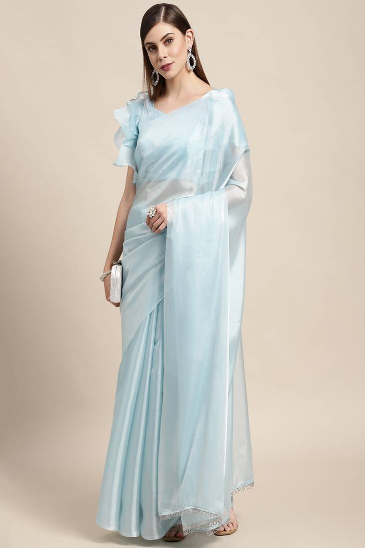 Light blue plain silk saree with blouse