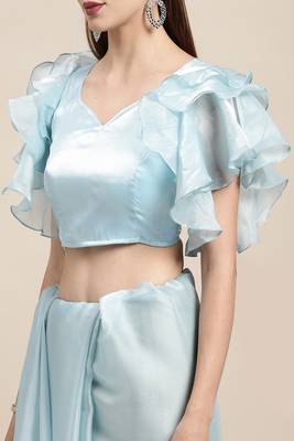 Light blue plain silk saree with blouse 5