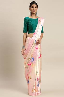 Peach Printed Satin Saree With Blouse 1