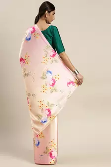 Peach Printed Satin Saree With Blouse
