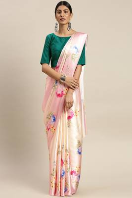 Peach Printed Satin Saree With Blouse 3