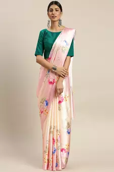 Peach Printed Satin Saree With Blouse