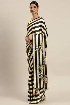 Black and Beige Satin Striped and Floral Printed Saree with Blouse 1