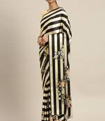 Black and Beige Satin Striped and Floral Printed Saree with Blouse