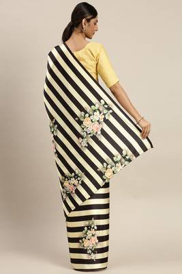 Black and Beige Satin Striped and Floral Printed Saree with Blouse 2