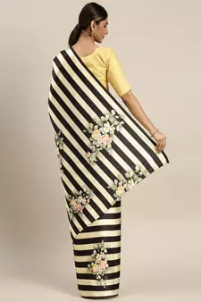 Black and Beige Satin Striped and Floral Printed Saree with Blouse