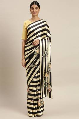 Black and Beige Satin Striped and Floral Printed Saree with Blouse 3