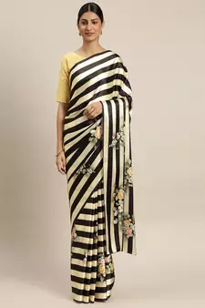 Black and Beige Satin Striped and Floral Printed Saree with Blouse