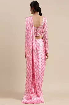 Pink Printed Satin Saree With Blouse