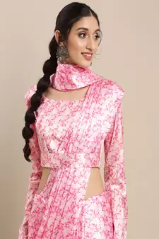 Pink Printed Satin Saree With Blouse