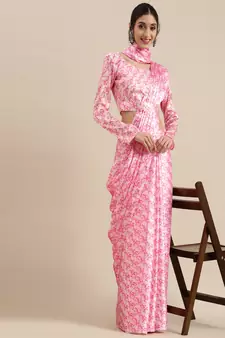 Pink Printed Satin Saree With Blouse