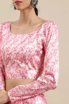 Pink Printed Satin Saree With Blouse