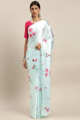 Light Blue Printed Satin Saree With Blouse 1