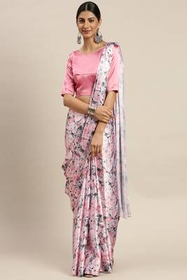 Pink Printed Satin Saree With Blouse 1