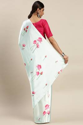 Light Blue Printed Satin Saree With Blouse 2