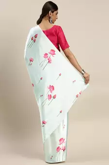Light Blue Printed Satin Saree With Blouse