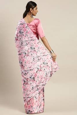 Pink Printed Satin Saree With Blouse 2