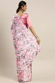 Pink Printed Satin Saree With Blouse