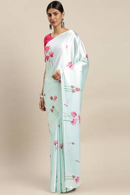 Light Blue Printed Satin Saree With Blouse 3