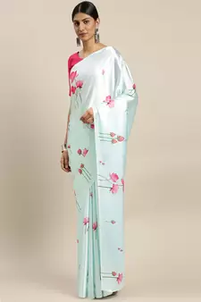 Light Blue Printed Satin Saree With Blouse