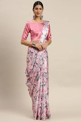 Pink Printed Satin Saree With Blouse 3