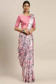 Pink Printed Satin Saree With Blouse