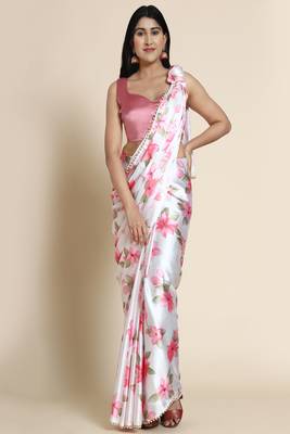 White Satin Pink Floral Printed Saree for Parties and Events 1