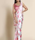 White Satin Pink Floral Printed Saree for Parties and Events