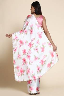 White Satin Pink Floral Printed Saree for Parties and Events 2