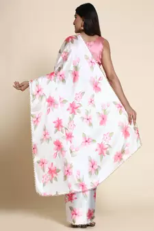 White Satin Pink Floral Printed Saree for Parties and Events
