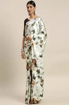 Black Printed Satin Saree With Blouse