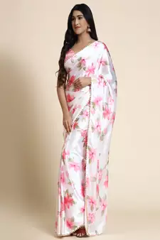 White Satin Pink Floral Printed Saree for Parties and Events