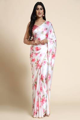 White Satin Pink Floral Printed Saree for Parties and Events 4