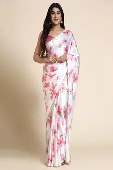 White Satin Pink Floral Printed Saree for Parties and Events