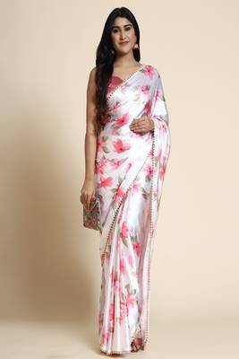 White Satin Pink Floral Printed Saree for Parties and Events 5