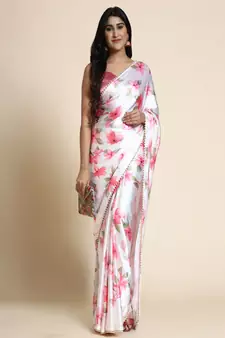 White Satin Pink Floral Printed Saree for Parties and Events