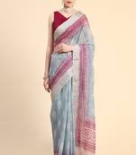 Purple Printed Linen Saree With Blouse