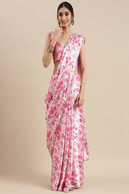 Pink Printed Satin Saree With Blouse 1