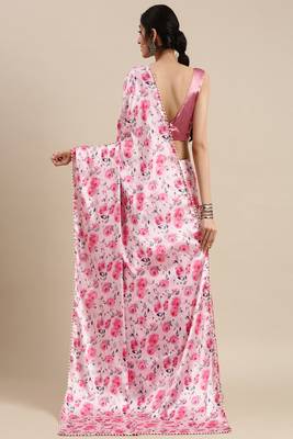 Pink Printed Satin Saree With Blouse 2