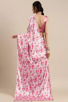 Pink Printed Satin Saree With Blouse
