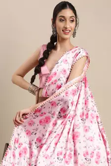 Pink Printed Satin Saree With Blouse