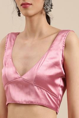 Pink Printed Satin Saree With Blouse 4