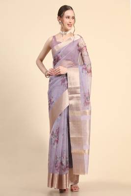 Purple Printed Organza Saree With Blouse 1