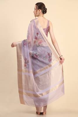Purple Printed Organza Saree With Blouse 2