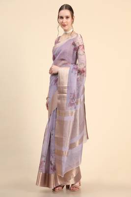 Purple Printed Organza Saree With Blouse 3